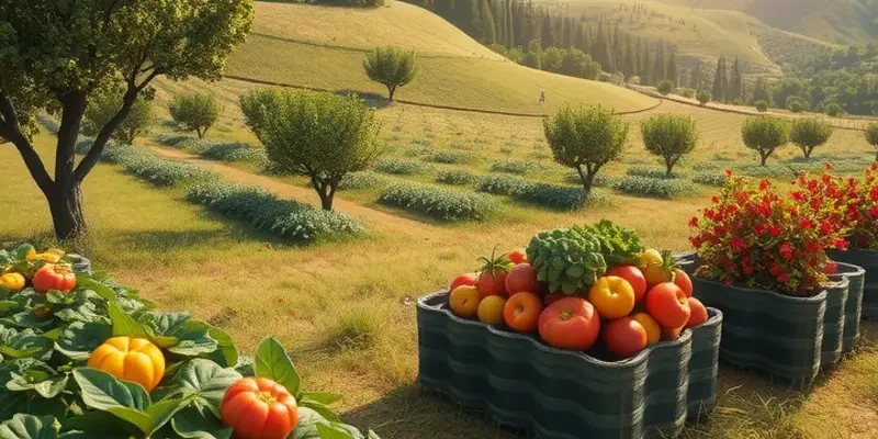 A serene island landscape with an abundance of fruits and vegetables under gentle sunlight.