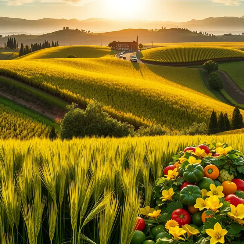 A picturesque Italian countryside rich with organic produce, essential for traditional pasta dishes.