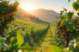 A beautiful sunlit field showcasing organic vegetables and fruits in harmony with nature, symbolizing Japanese food traditions.