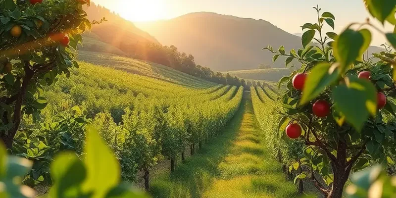 A beautiful sunlit field showcasing organic vegetables and fruits in harmony with nature, symbolizing Japanese food traditions.
