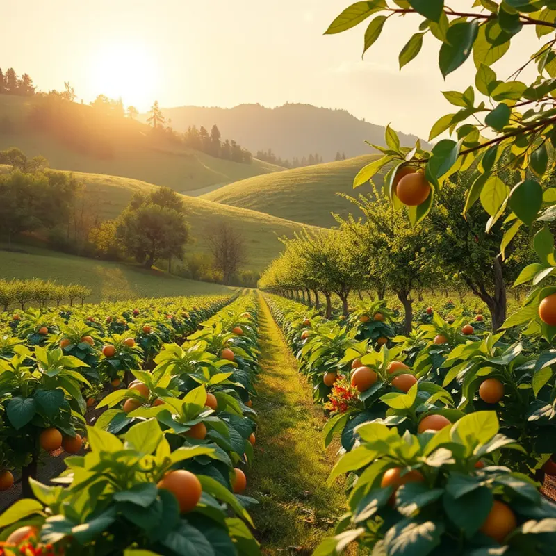 Vibrant vegetables and fruits growing in a sunlit field, depicting the essence of Japanese culinary ingredients.