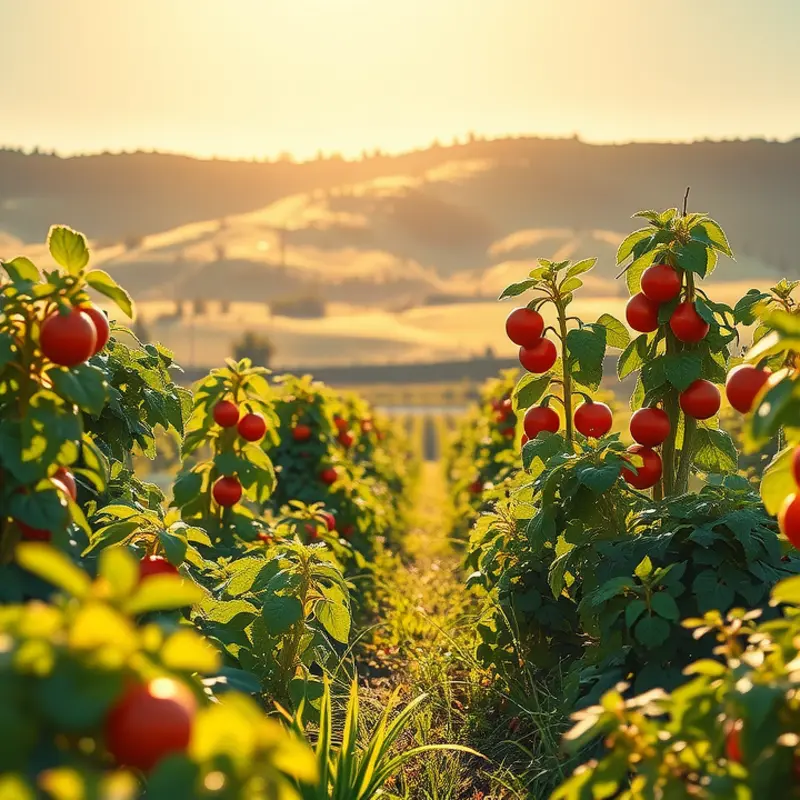 Vibrant vegetables and fruits growing in a sunlit field, depicting the essence of Japanese culinary ingredients.