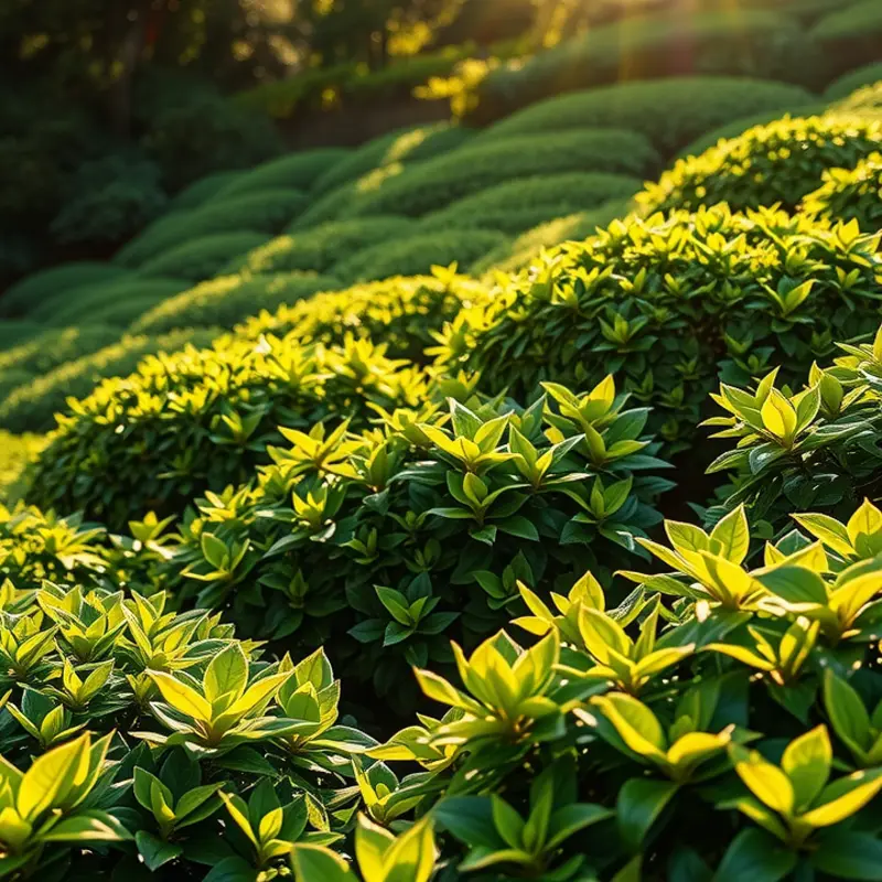 A peaceful Japanese tea garden, symbols of tranquility and the rich tradition of tea preparation.