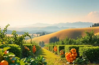 A serene view of a sunlit orchard with colorful fruits and vegetables, embodying healthy nutrition.