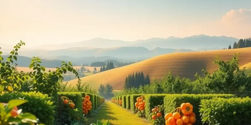 A serene view of a sunlit orchard with colorful fruits and vegetables, embodying healthy nutrition.