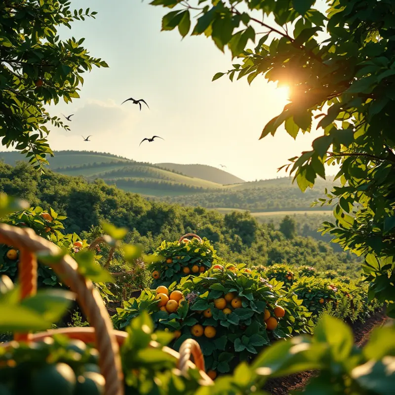 A sunlit orchard filled with fresh, organic produce.