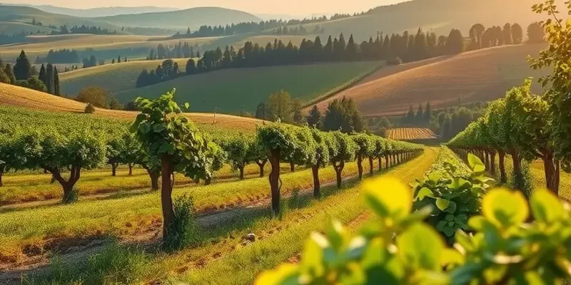 A vibrant landscape showcasing a healthy field with kale sprouts and various organic vegetables under warm sunlight.