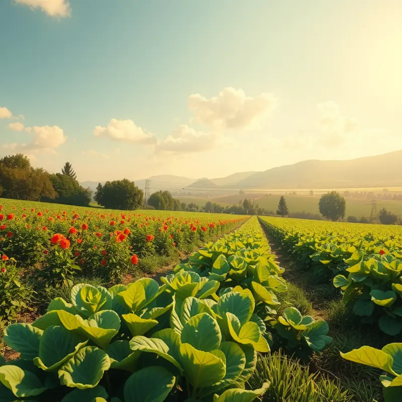 A vibrant sunlit field depicting organic kale sprouts flourishing among lush greenery.