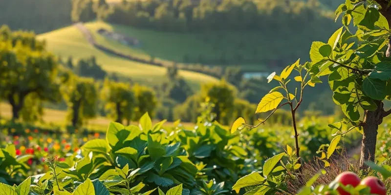 A sunlit field filled with vibrant vegetables and fruits, rich in organic elements.