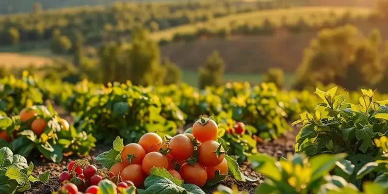 A beautiful orchard filled with ripe fruits and vegetables representing a healthy lifestyle.