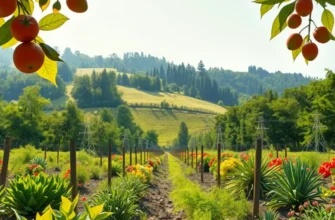 A serene sunlit landscape filled with vibrant vegetables and fruits growing in nature.