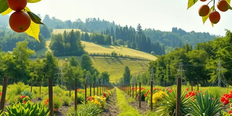 A serene sunlit landscape filled with vibrant vegetables and fruits growing in nature.
