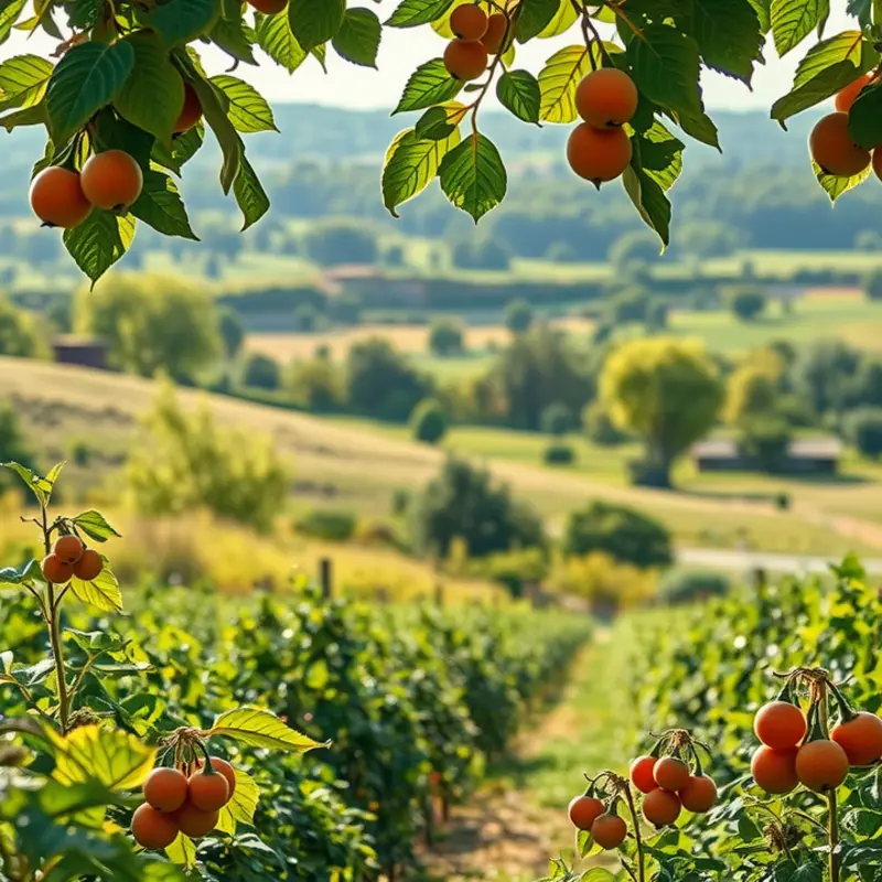 An abundant sunlit field showcasing vibrant fruits and vegetables.