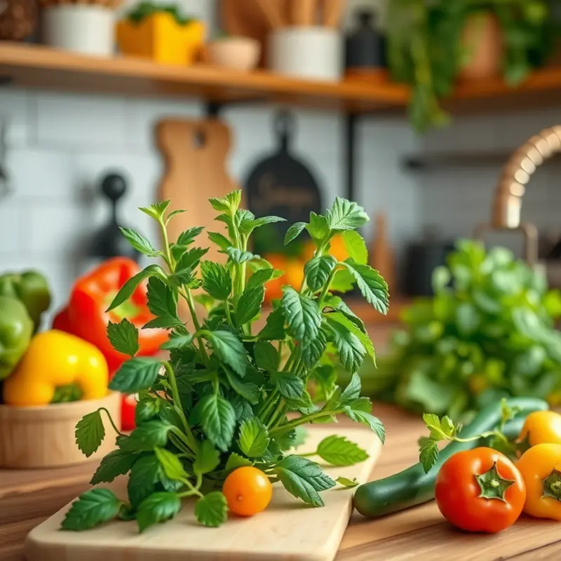 A sunlit herb garden showcasing vibrant herbs, emphasizing freshness.