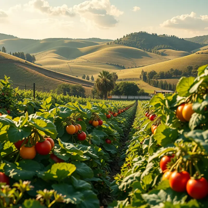 A lush sunlit field showcasing the abundance of organic produce.