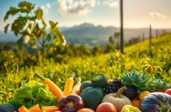 A sunlit landscape filled with lush greenery and colorful fruits and vegetables.