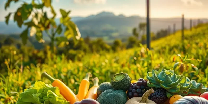 A sunlit landscape filled with lush greenery and colorful fruits and vegetables.