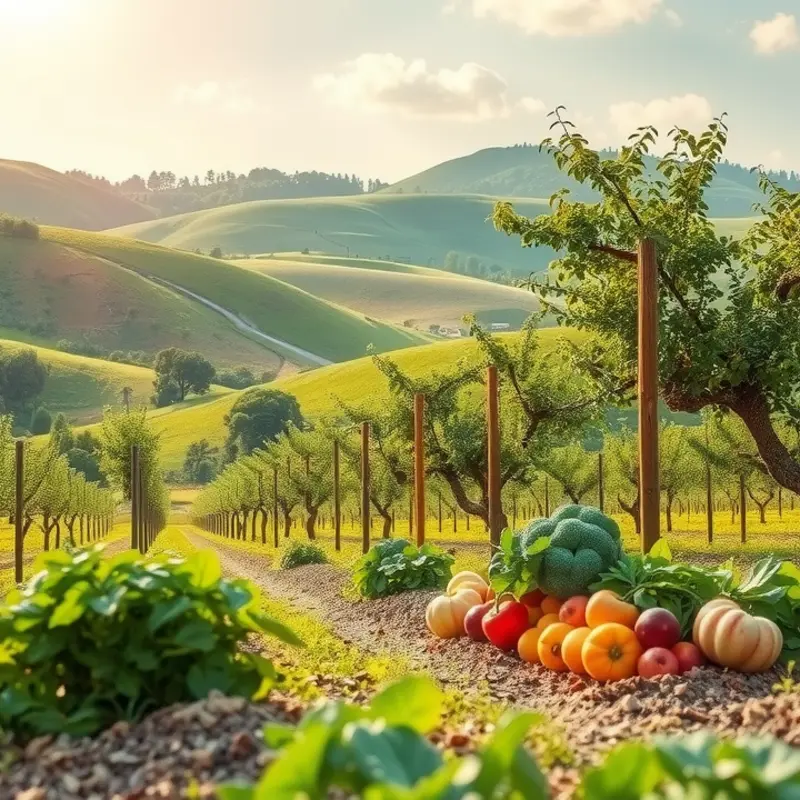 A sunlit field filled with vibrant organic vegetables and fruits among lush greenery.