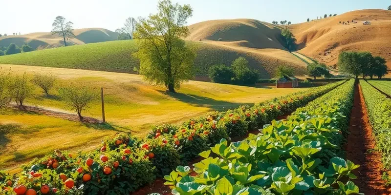 A picturesque landscape filled with vibrant fruits and vegetables under the warm sun.