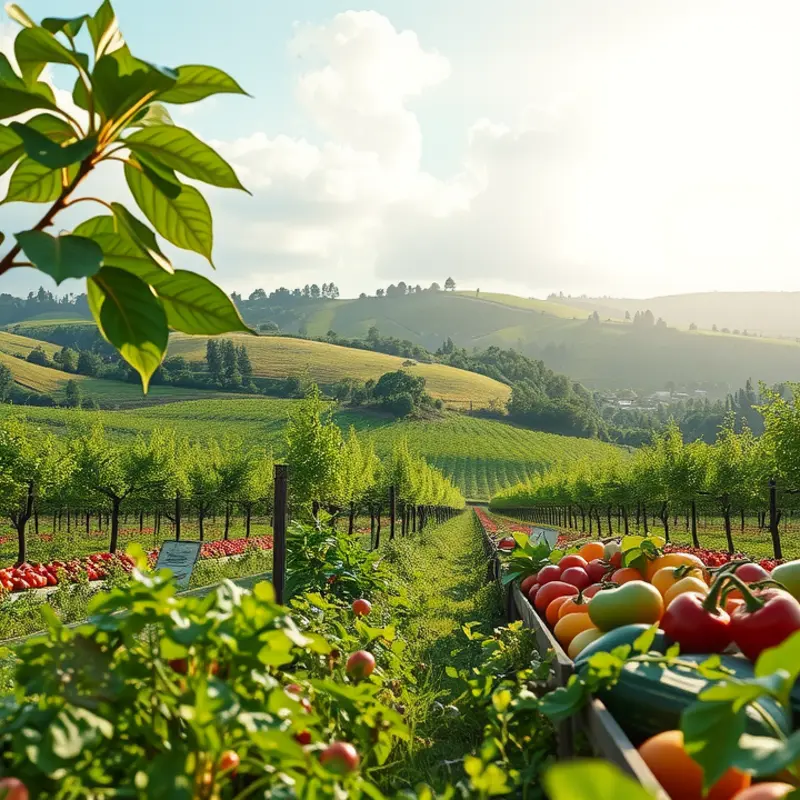 A vibrant sunlit field showcasing organic produce thriving in harmony with nature.