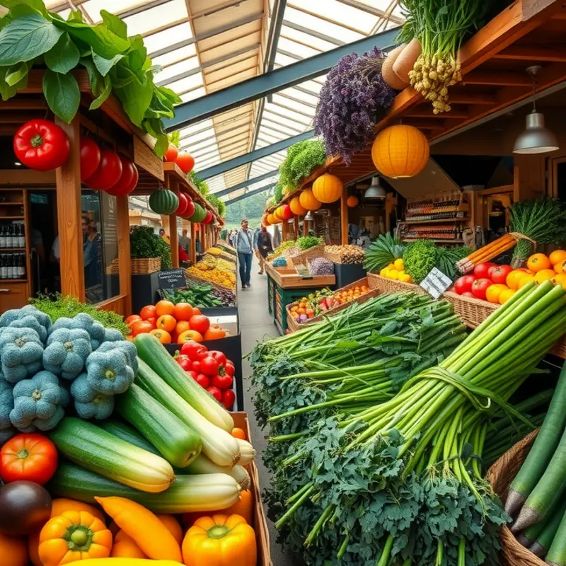 A vibrant display of local produce at a farmers market. Fresh herbs, vegetables, and fruits in a natural setting embody sustainable eating.