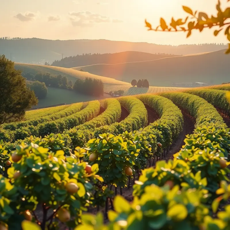 A scenic view of a sunlit orchard filled with vibrant, local produce.