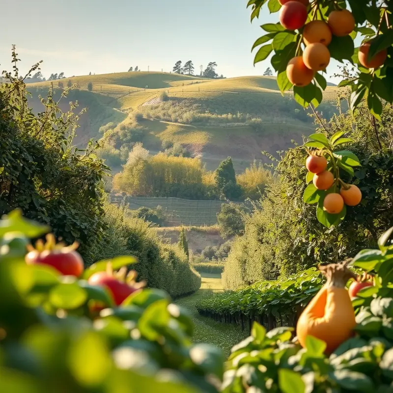 A vibrant orchard with fresh fruits and vegetables thriving in a lush, sunny landscape.