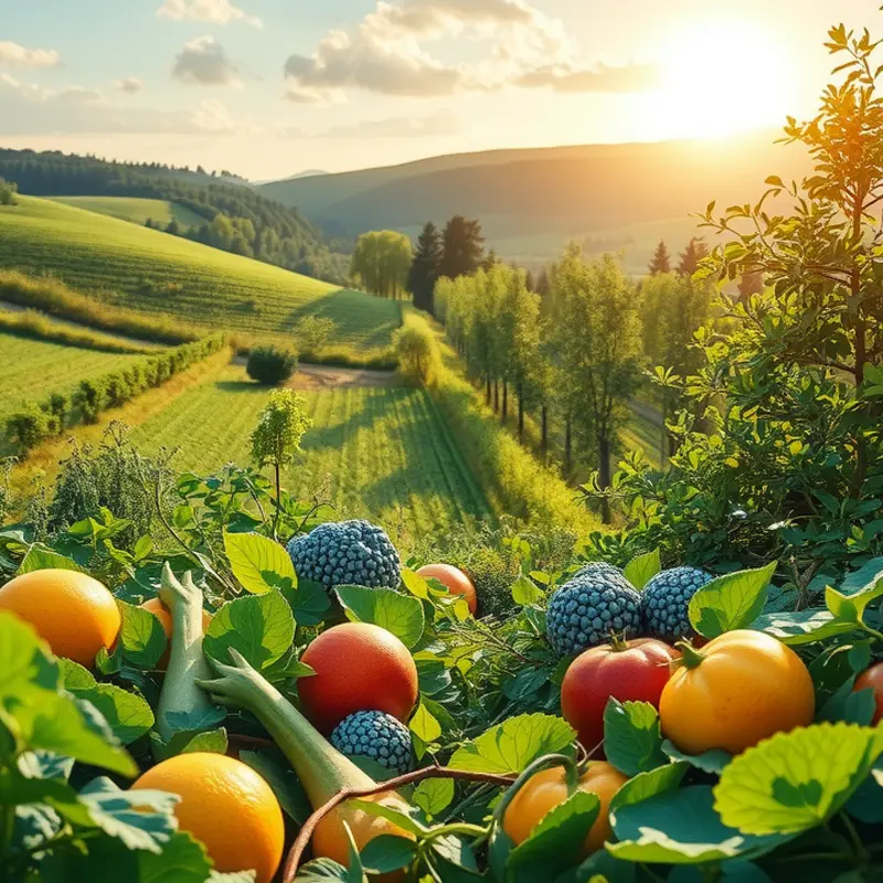 A vibrant sunlit orchard filled with abundant organic vegetables and fruits.
