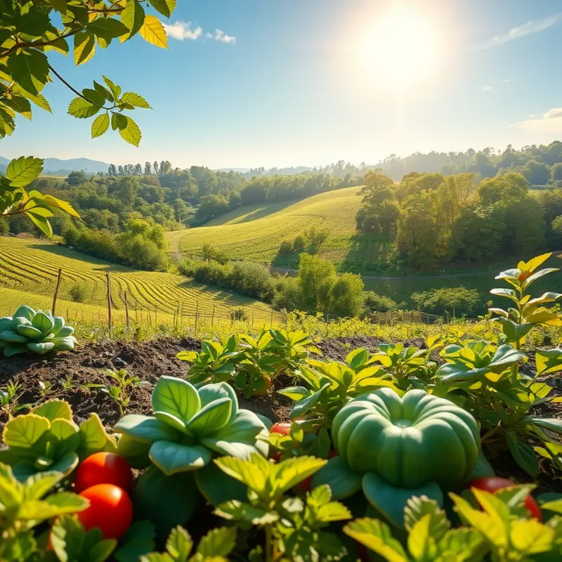 A sunlit field displaying an abundant harvest of local vegetables and fruits.