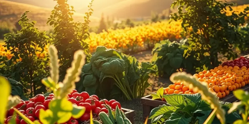 A spacious orchard with lush fruits and vegetables growing abundantly, depicting natural health.