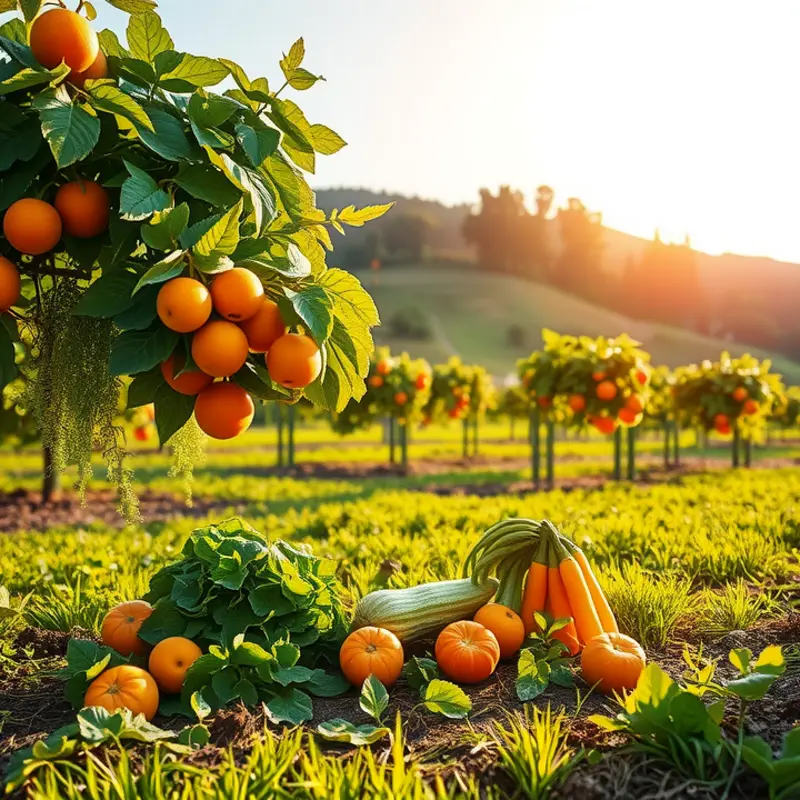 A scenic view of vibrant vegetables growing naturally in an organic orchard.