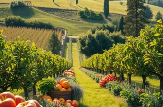 Lush green orchard unfurling under bright sunlight, abundant with fresh colorful vegetables.