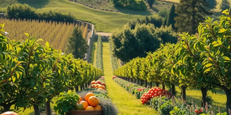 Lush green orchard unfurling under bright sunlight, abundant with fresh colorful vegetables.