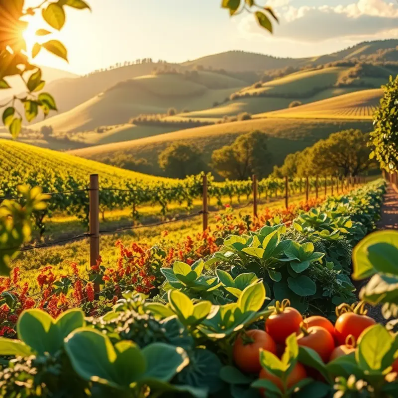 A vibrant orchard brimming with fresh vegetables and fruits, representing the essence of low-carb vegan living.