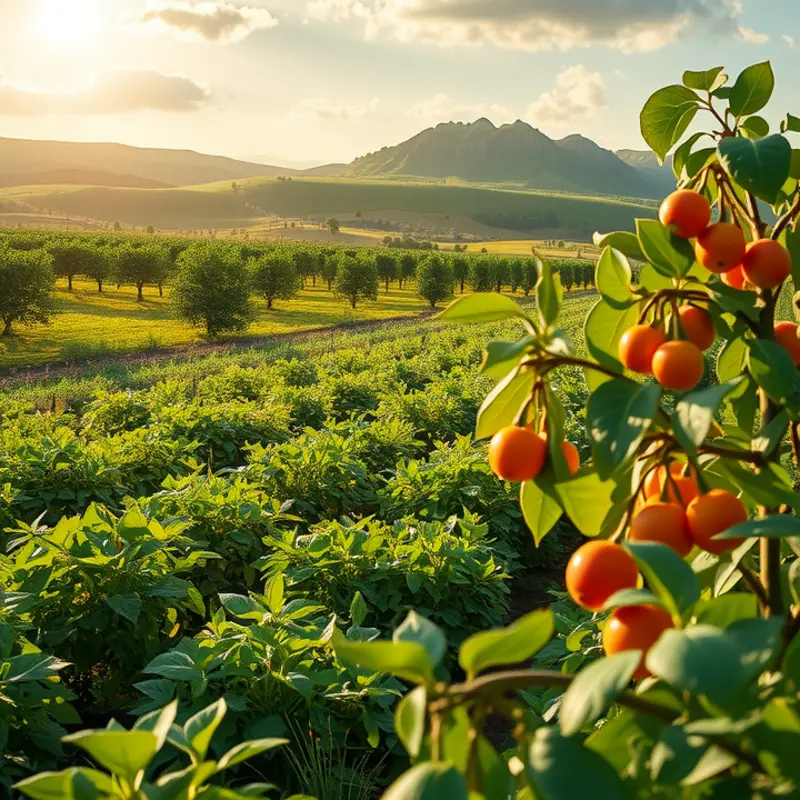 A vibrant orchard brimming with fresh vegetables and fruits, representing the essence of low-carb vegan living.