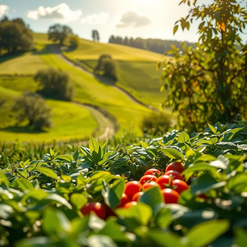 A vibrant display of fresh vegetables in a lush orchard.