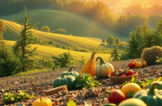 A sun-drenched landscape filled with vibrant vegetables and fruits under warm sunlight.
