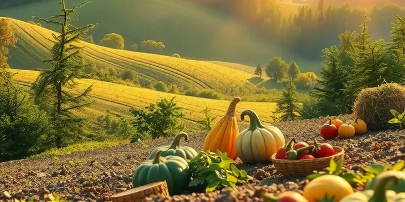 A sun-drenched landscape filled with vibrant vegetables and fruits under warm sunlight.