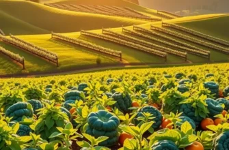 A sunlit field with fresh vegetables and fruits growing among lush greenery under warm light.