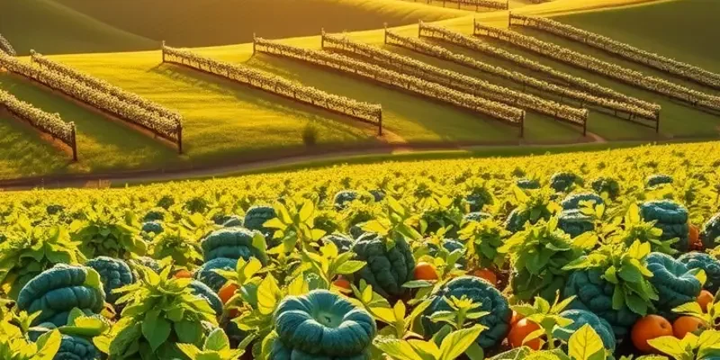 A sunlit field with fresh vegetables and fruits growing among lush greenery under warm light.