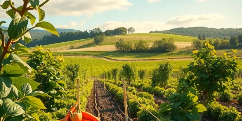 A sunny field filled with vibrant fruits and vegetables symbolizing healthy eating.
