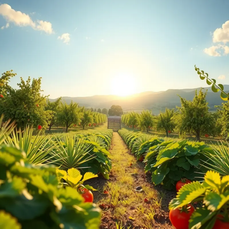 A vibrant sunlit field filled with various organic vegetables and fruits, symbolizing the essence of a low-protein diet.