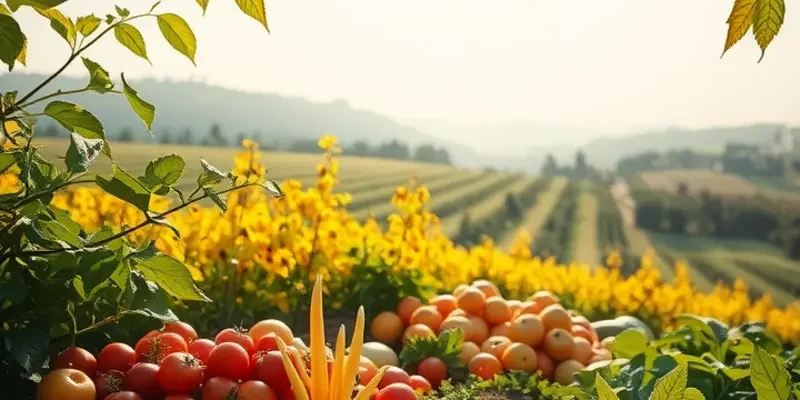 A bright, photorealistic field of organic produce, symbolizing the benefits of fresh foods in a low-protein diet.