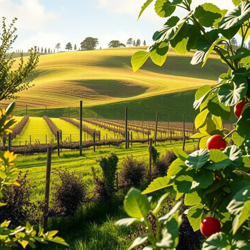 A vibrant sunlit field filled with various organic vegetables and fruits, symbolizing the essence of a low-protein diet.