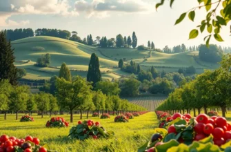 A vibrant organic landscape filled with lush greenery and sunlit fruits.
