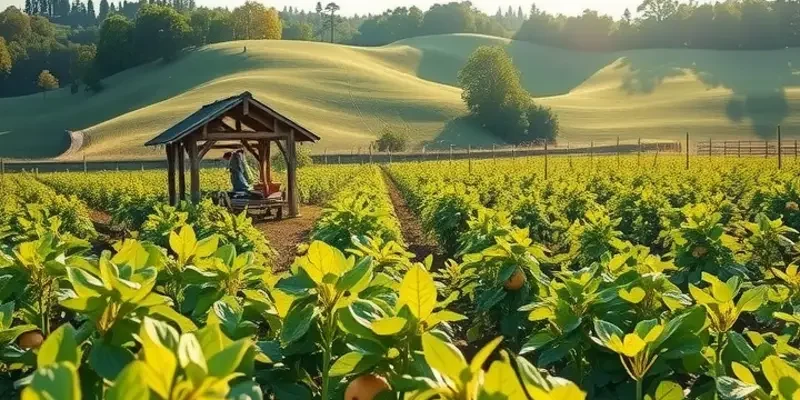 A scenic view of a lush organic landscape with healthy crops and vibrant fruits.