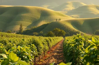 A photorealistic depiction of an organic orchard showcasing various fruits and vegetables in a serene landscape.
