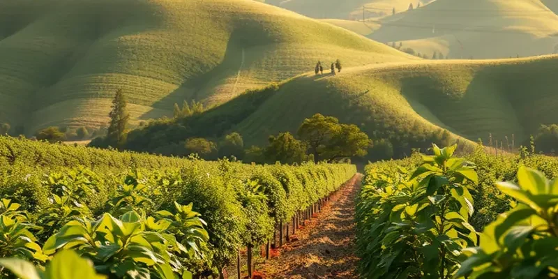 A photorealistic depiction of an organic orchard showcasing various fruits and vegetables in a serene landscape.