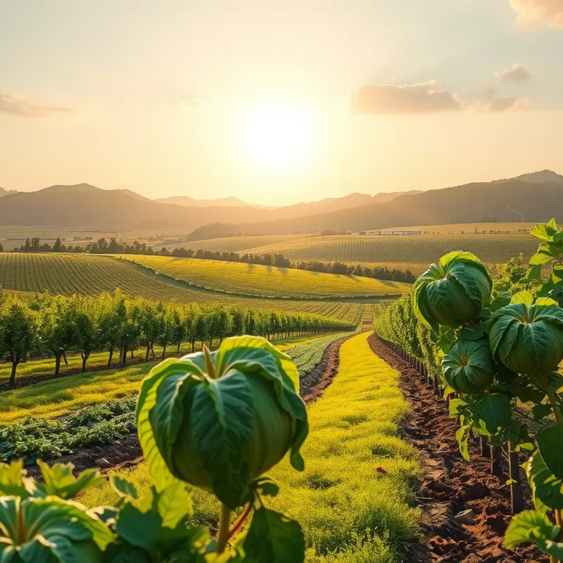 A vibrant sunlit field showcasing an abundance of fresh vegetables and fruits.