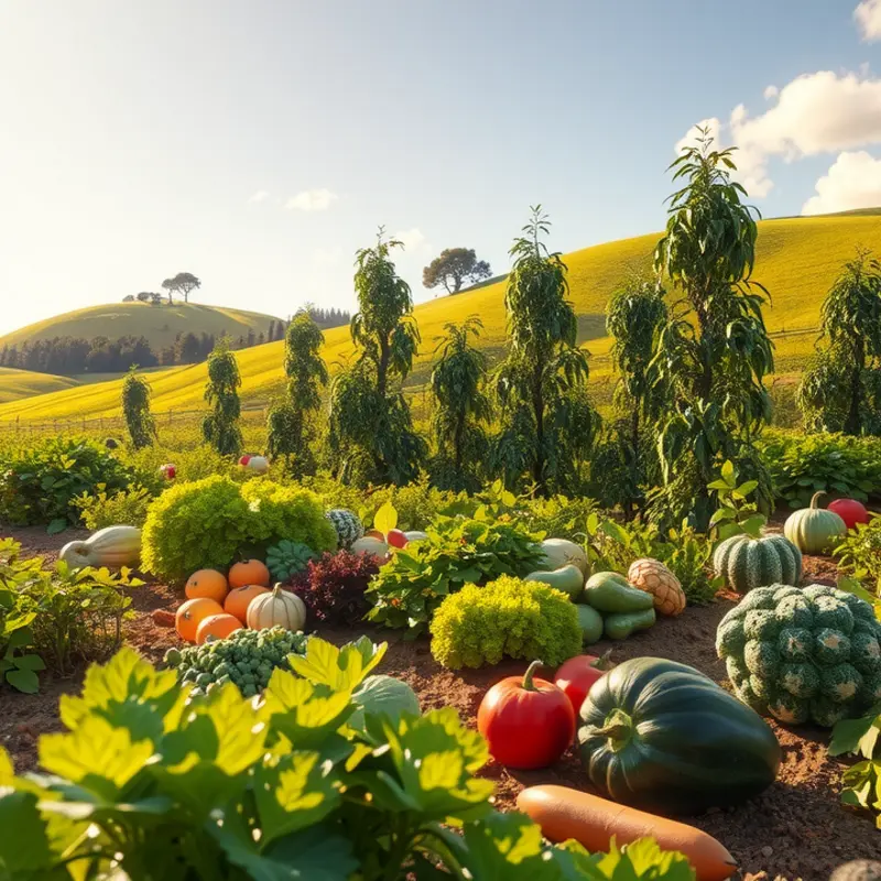 A vibrant sunlit field showcasing an abundance of organic vegetables and fruits.